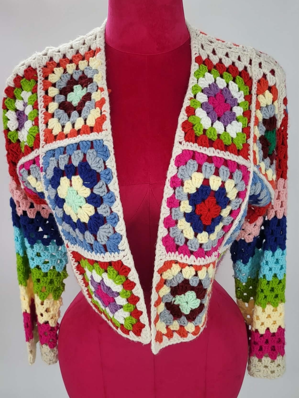 Elan Multicolor Crochet Granny Square Cardigan - White Trim